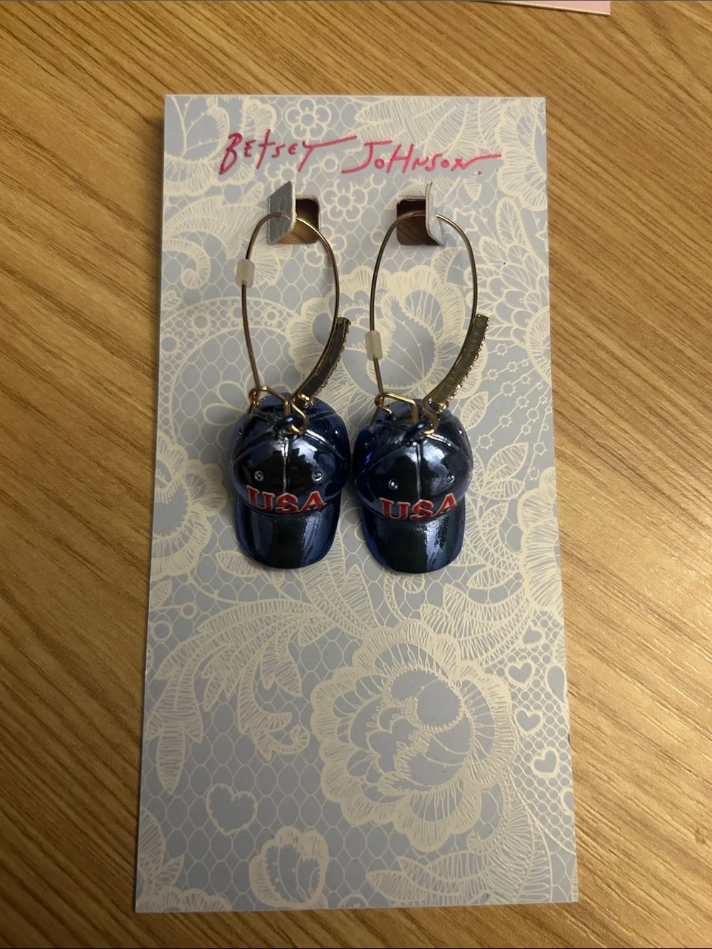 Betsey Johnson Blue and Red USA Cap Hoop Earrings